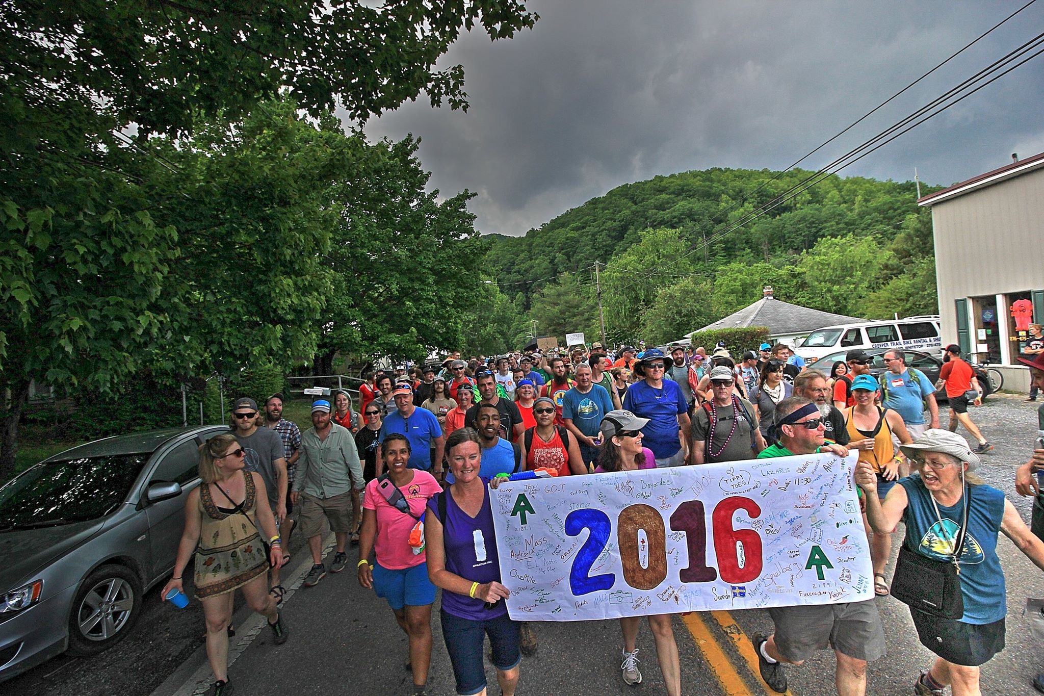 The 2016 Thru-Hiker Class Marches at Appalachian Trail Days in Damascus, Virginia. Photo by Moe Lemire.